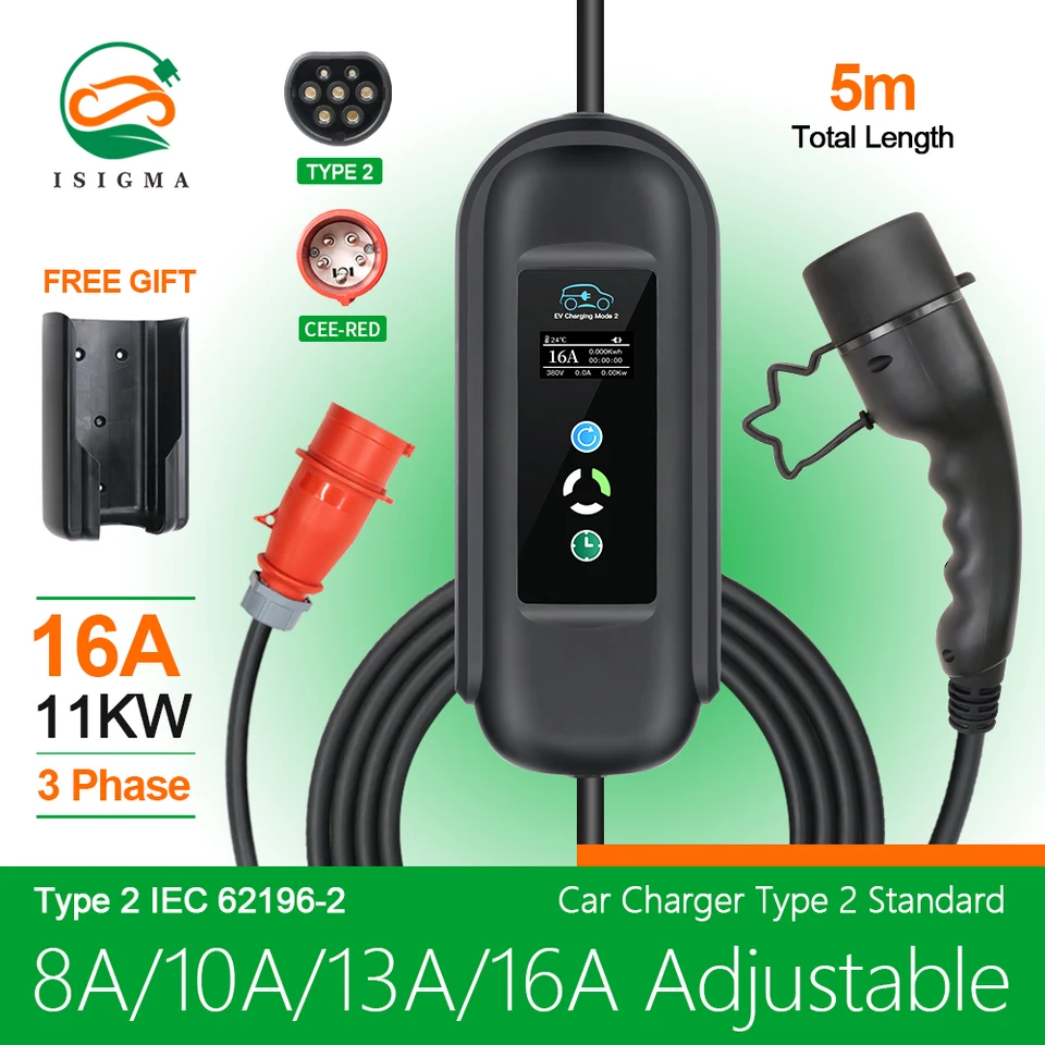 Prenosná nabíjačka EV 16A 11KW Typ 2 IEC-62169 Zásužná úprava Kábel Upravte nabíjanie časovača pre hybridné vozidlá vozidiel