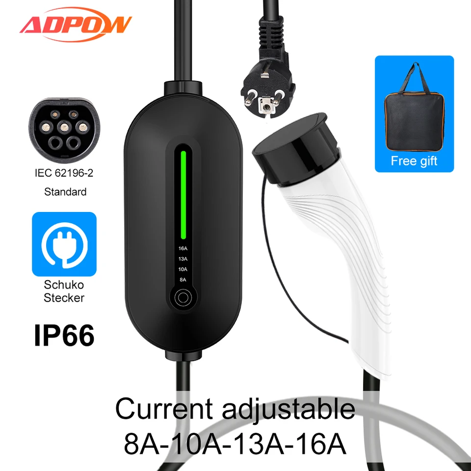 Prenosná nabíjačka EV typu2 IEC62196-2 16A EVSE nabíjací kábel typu1 SAE J1772 EÚ Plug Ovládač Wallbox pre elektrické auto