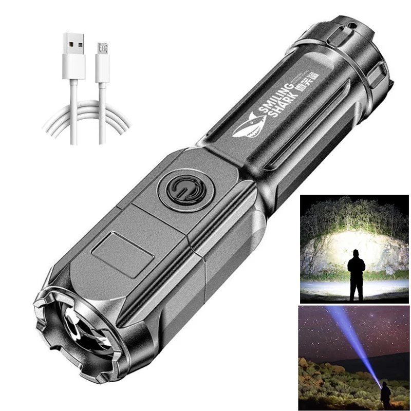 Prenosná USB Nabíjateľná baterka Silné LED nočné svetlá Zväčšenie Zväčšenie Light Outdoor Camping Night Fishing Lighting Tools