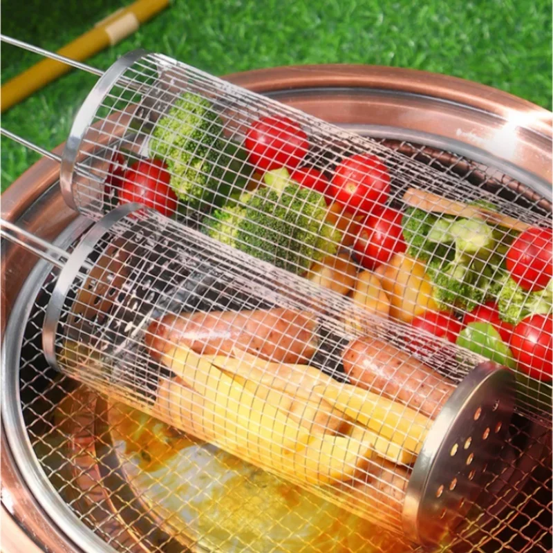 Prenosná z nehrdzavejúcej ocele Klietky na grilovanie grilu kemping piknikový riad vonkajší okrúhly okrúhly BBQ Campfire Grid Rolling Grill Bake