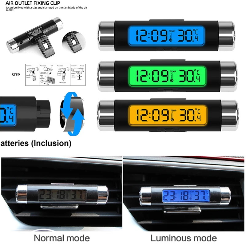 Prenosný 2 v 1 vozidle Digitálne LCD LCD Clock Teplota Displej Elektronický hodinový teplomer automobil Automotive modré podsvietenie so sponou