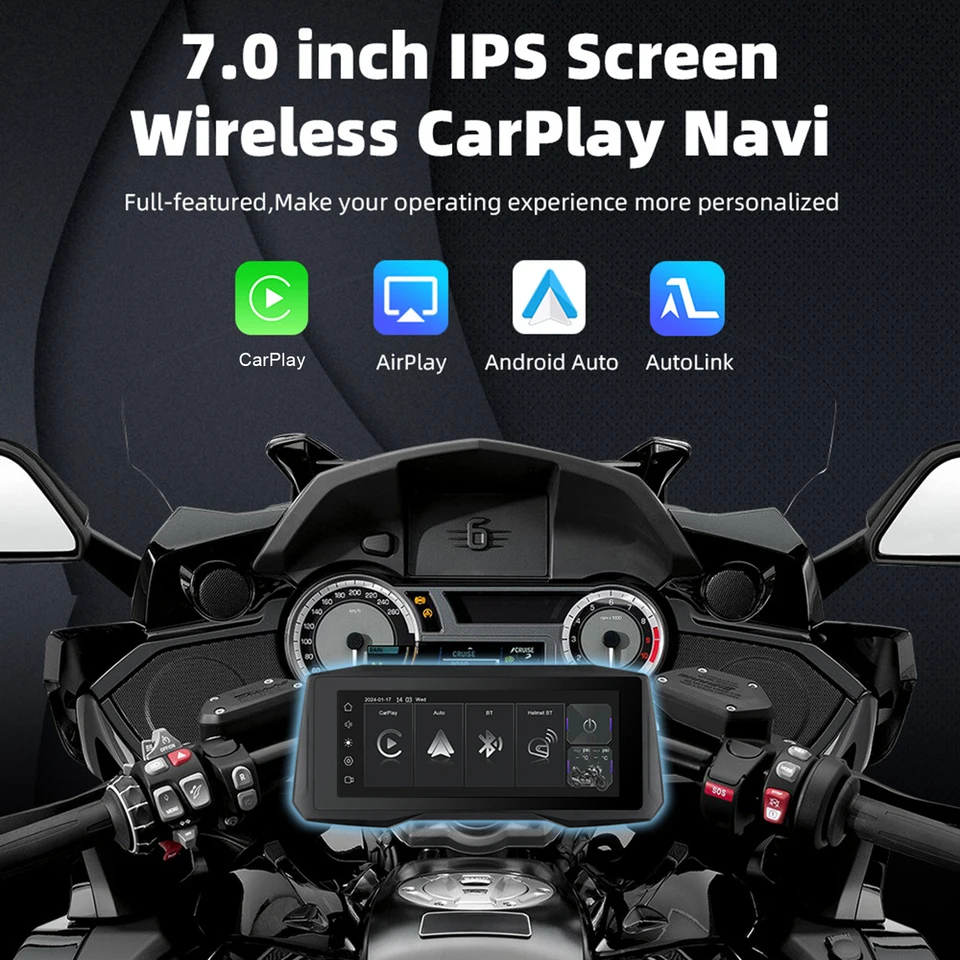 Prenosný 7 -palcový motocykel GPS navigácia 800NIT Motocykel CarPlay Android Auto Screen Screen s prednou/zadnou kamerou IP67 nepremokavý