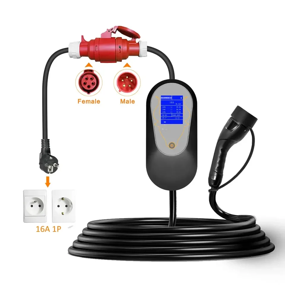 Prenosný Cee Red Red Schuko Power En -Plug 5 Pins 16A 1P Soket Adapter pre 16A 3 fázy 11 kW EV nabíjačky