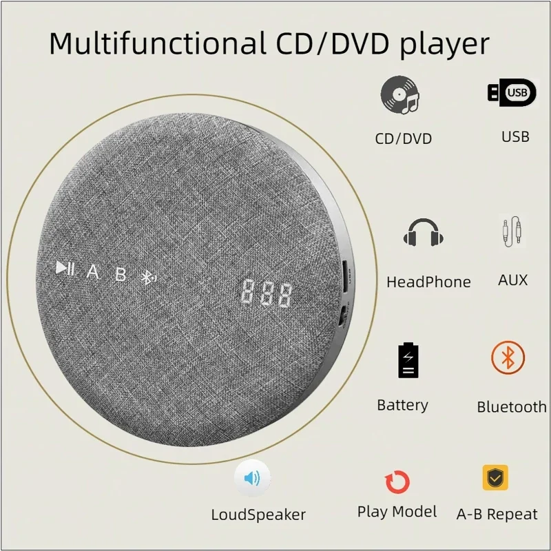 Prenosný DVD/CD prehrávač, stereofónny zvukový systém, nabíjateľný Bluetooth, prehrávanie CD/CD-R/CD-RW/MP3, Support USB & AUX, slúchadlá
