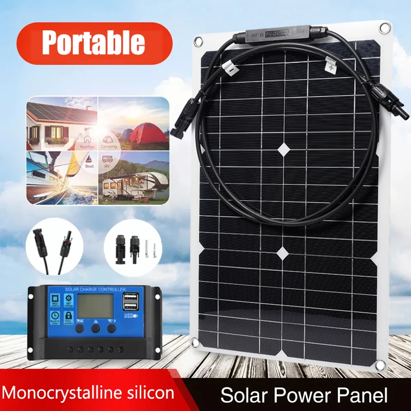 Prenosný flexibilný solárny panel 18V monokryštalický solárny článok s regulátorom 10A-100A Kit Power Bank pre outdoor RV Car Camping