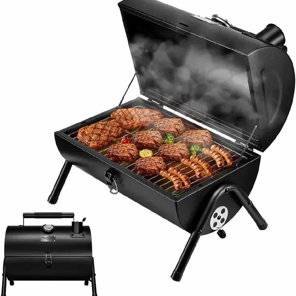Prenosný gril na drevené uhlie, viacfunkčný kovový fajčiar BBQ pre vonkajšie, turistické, piknik, čierny