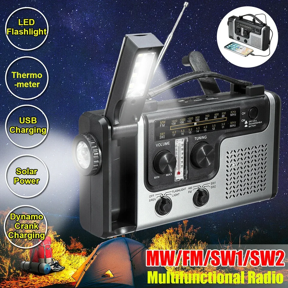 Prenosný multifunkčný rádiový rádiový kľuk solárny kľuk Dynamo napájaný AM/FM/SW1 Weather Radio s LED svetlom na čítanie baterky