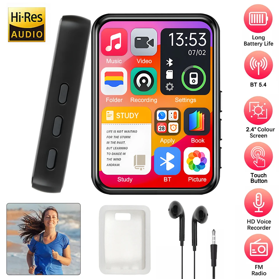 Prenosný prehrávač MP3 s Bluetooth 5.4 HIFI MP4 Walkman 2.4 '' 'dotyková obrazovka mp3 prehrávač Recorder Video Player FM Radio Book