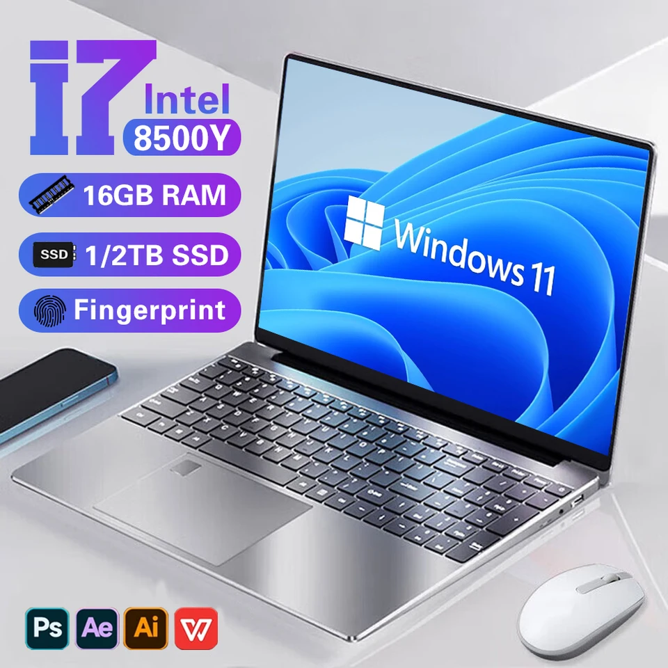 Prenosný prenosný počítač PC PC Windows 11 Intel Core i7 8500Y 15,6 palca 16 GB DDR 1TB SSD Office Laptops Fingerprint Unlock Notebook