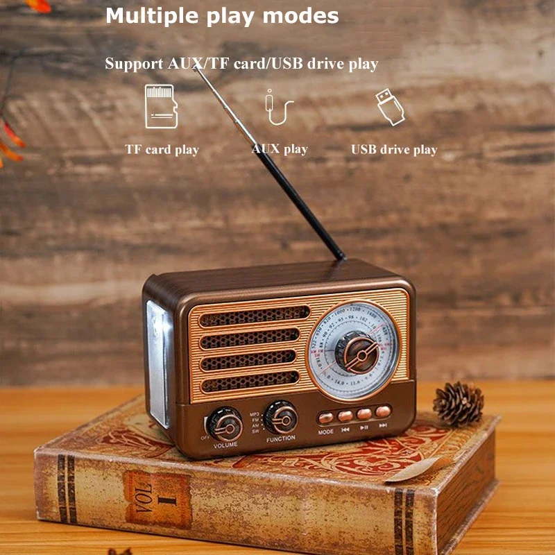 Prenosný retro rádio Mini FM/AM/SW Radio Regisiver Vintage Bluetooth Reproduktor s LED baterkou podporuje TF karta USB AUX Play