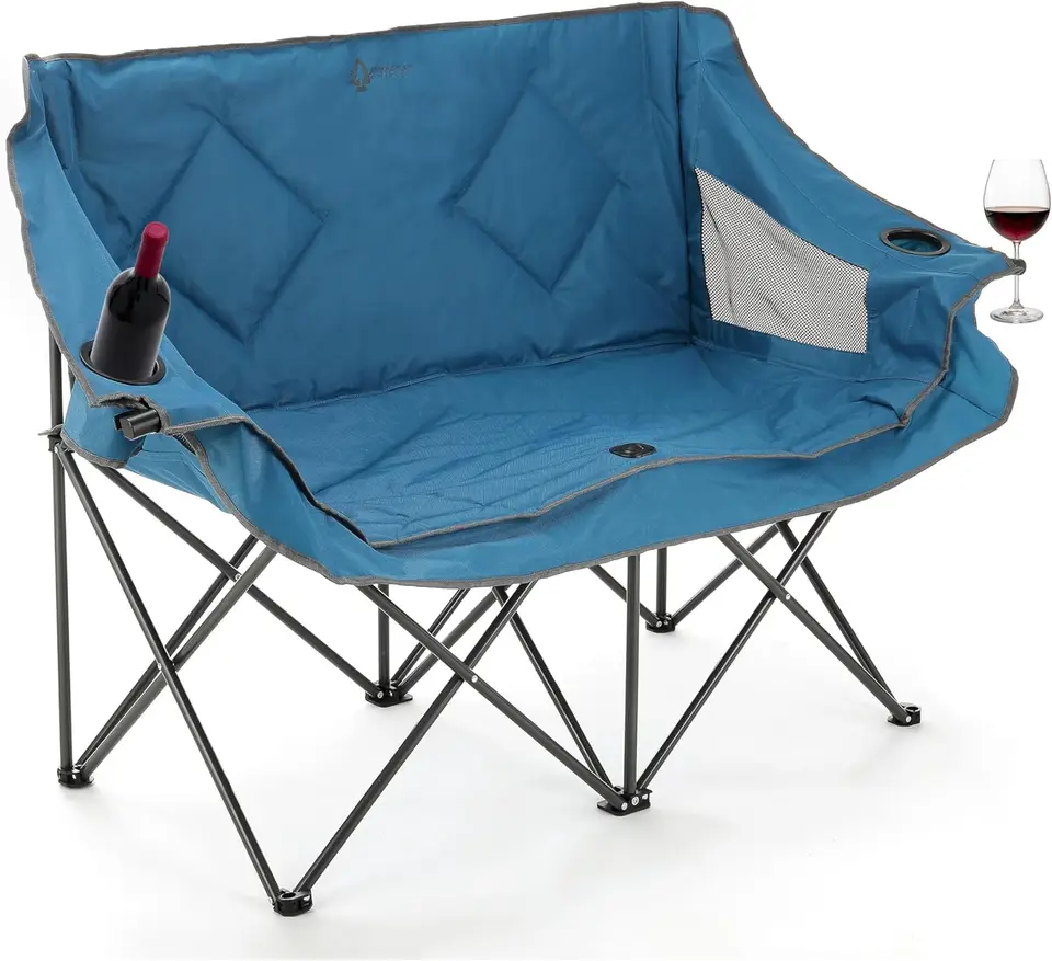 Prenosný skladací dvojitý duo kempingové kreslo Loveseat w/ 2 šálka a držiak na pohár na víno