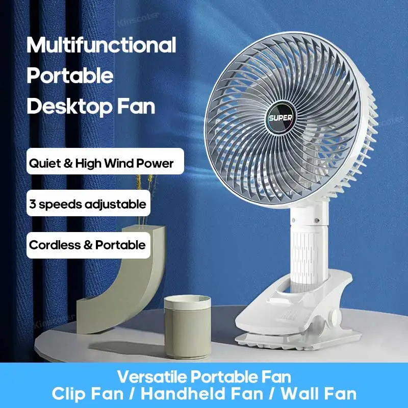 Prenosný ventilátor pre pracovnú plochu s klipom bezdrôtový nabíjateľný 1200 mAh ventilátor Ventilátora chladiča multifunkcie vreckového ventilátora 3 Rýchlosť