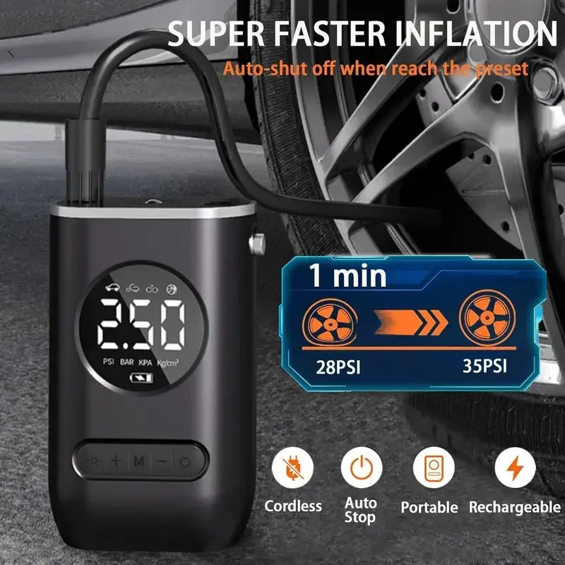 Prenosný vzduchový kompresor prenosného vzduchu v pneumatike, 150 psi bezdrôtového nafukovacieho čerpadla, 4000 mAh nabíjateľnú batériu Digitálna elektrická pneumatika