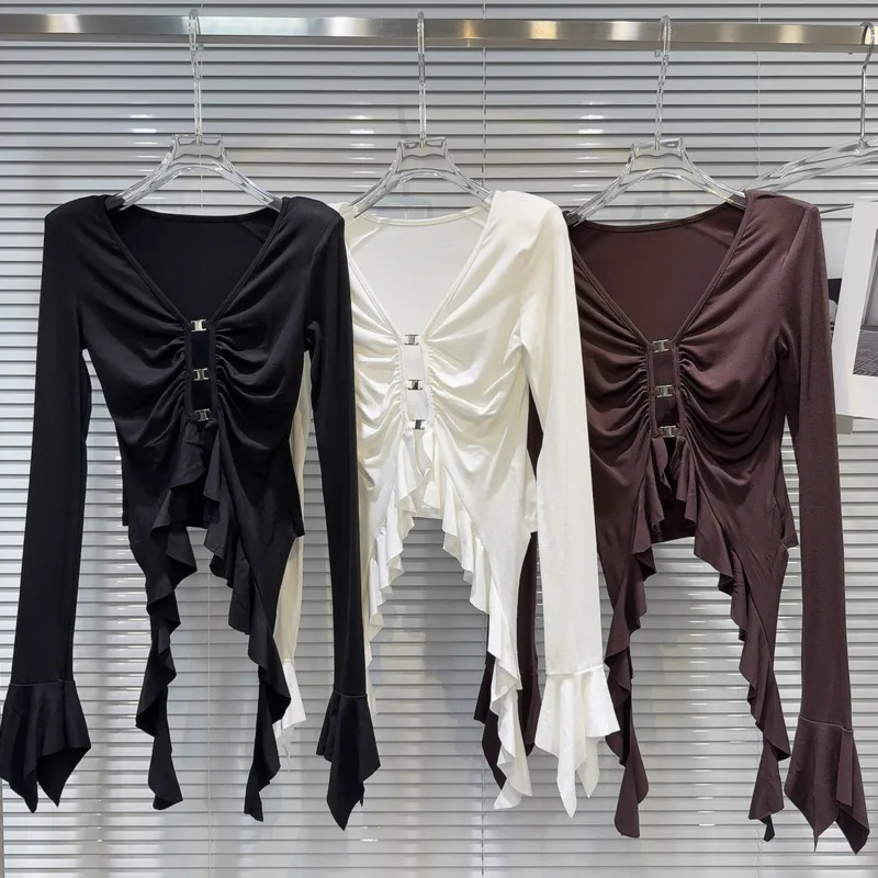 Prepomp 2024 Jeseň Nový príchod dlhý slepový rukáv Kovové pracky Ruffles Tassel Hollow Out Slim T košeľa Ženy GS038