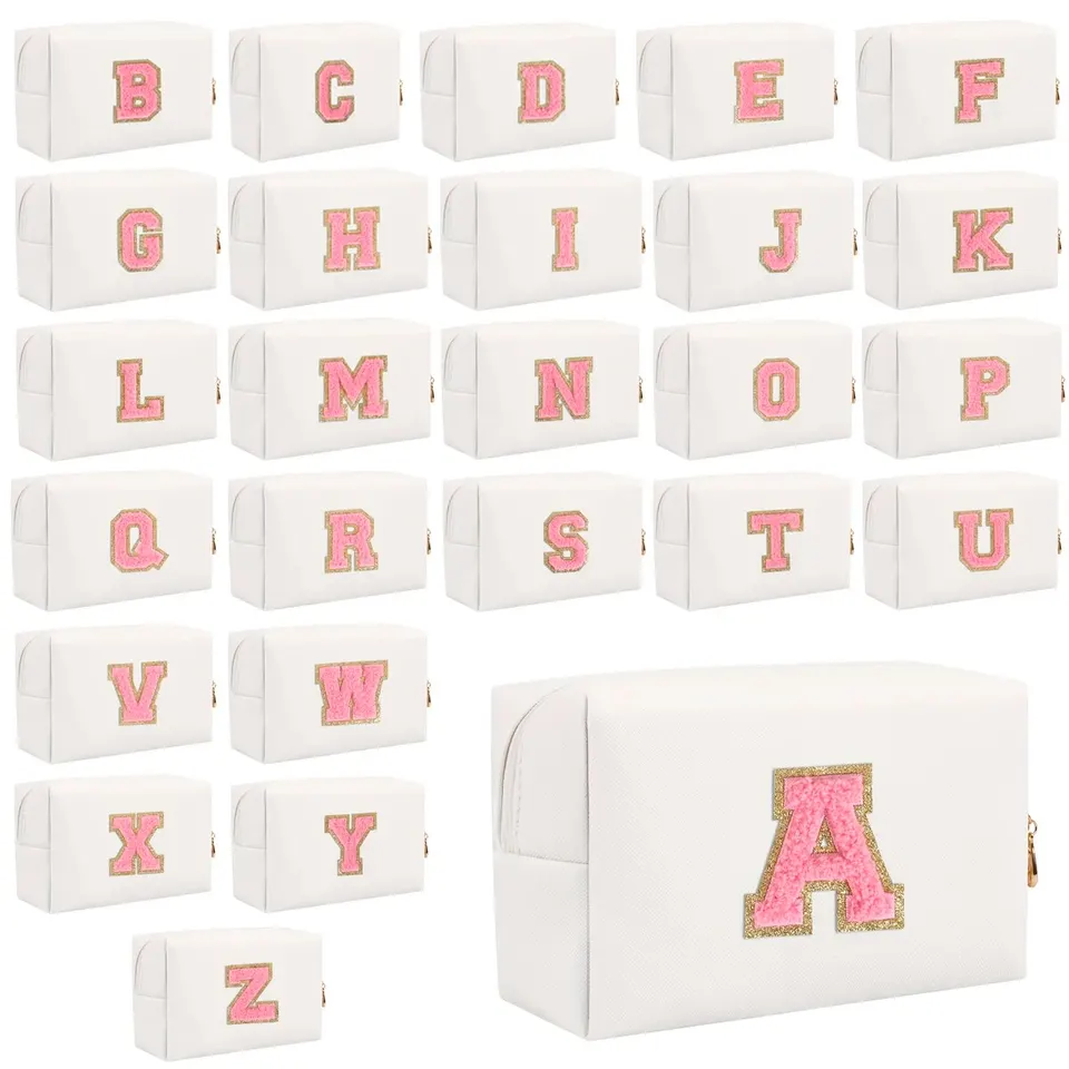 Preppy make -up taška pre ženy cestovná toaletná taška Chenille Letter Cosmetic Bag Pu Leather Witerprood Houch Cute Zipper Organizátor ,,