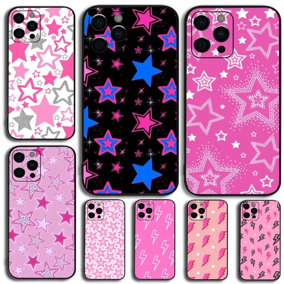 Preppy Stars Lightning Pink Telefón puzdro pre Apple iPhone 15,14,13,12,11, Pro, X, XS, Max, XR, Plus, Mini Soft Black Cover