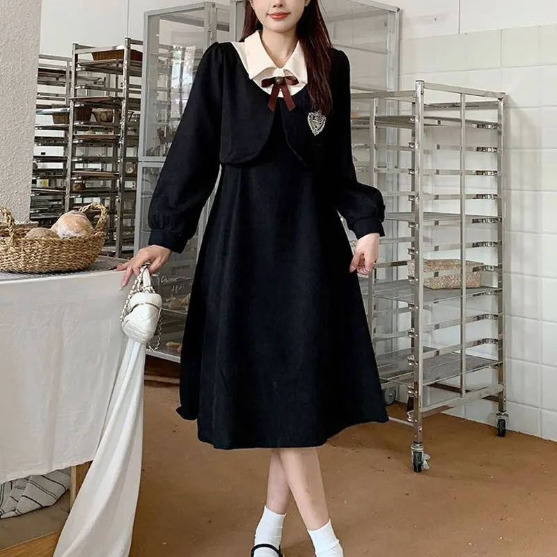 Preppy v štýle pólového krku midi šaty jesenná zima Nové falošné dva kusy Patchwork Dámske oblečenie módne výšivky A-line šaty