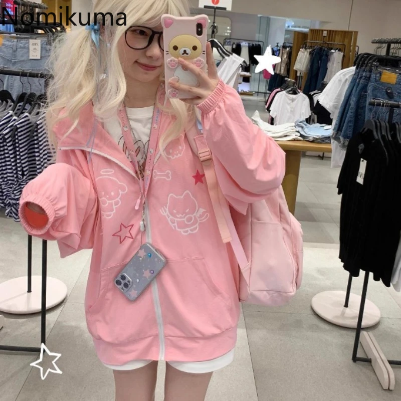 Preppy štýl japonské ženy Japanky 2024 Ropa Mujer Streetwear s dlhým rukávom s kapucňou Y2K Tops anime tlač