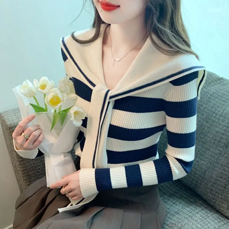 Preppy štýl Korean Autumn/Winter Dámsky sa námornícky golier pruhovaný kontrastný kontrast móda móda voľné topy s dlhým rukávom