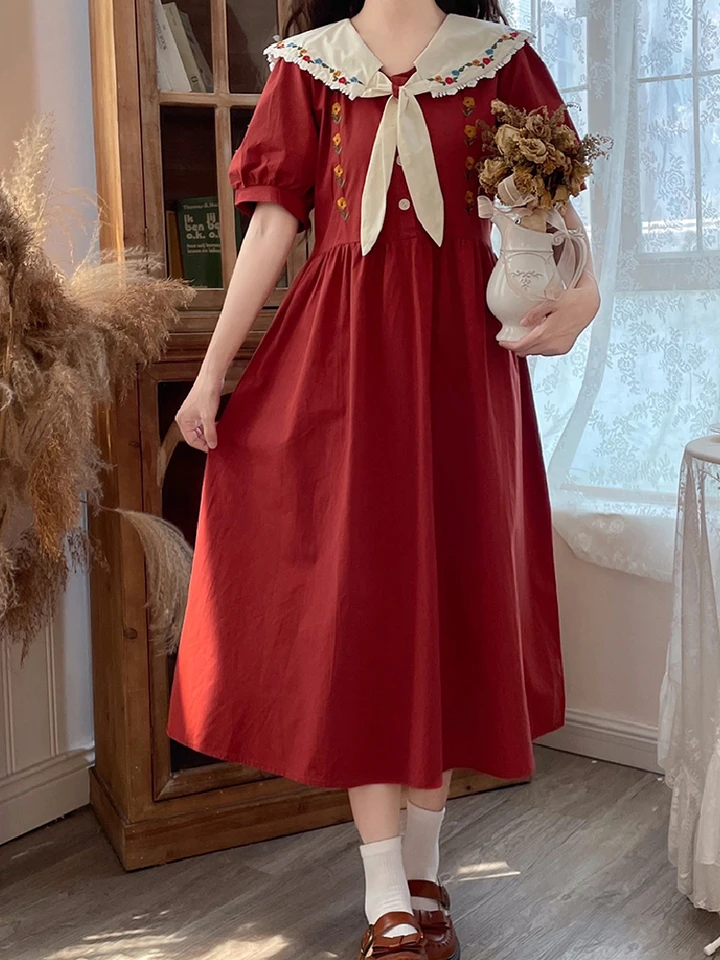 Preppy štýl červená víla dievčenské elegantné šaty Ženy japonský štýl Sailor golier Tid kvetinové výšivky s krátkym rukávom Šaty