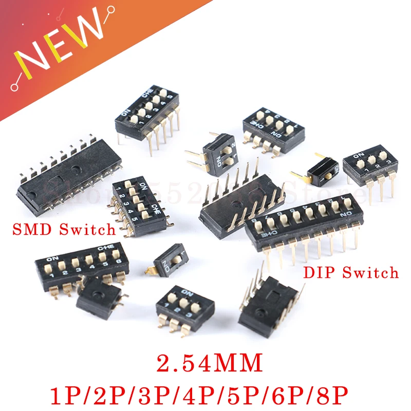 Prepínač 5pcs/lot DIP prepínač 2,54 mm SMD 1p/2p/3p/4p/5p/6p/8p čierny 2,54 mm SMD prepínač zlatý kolík