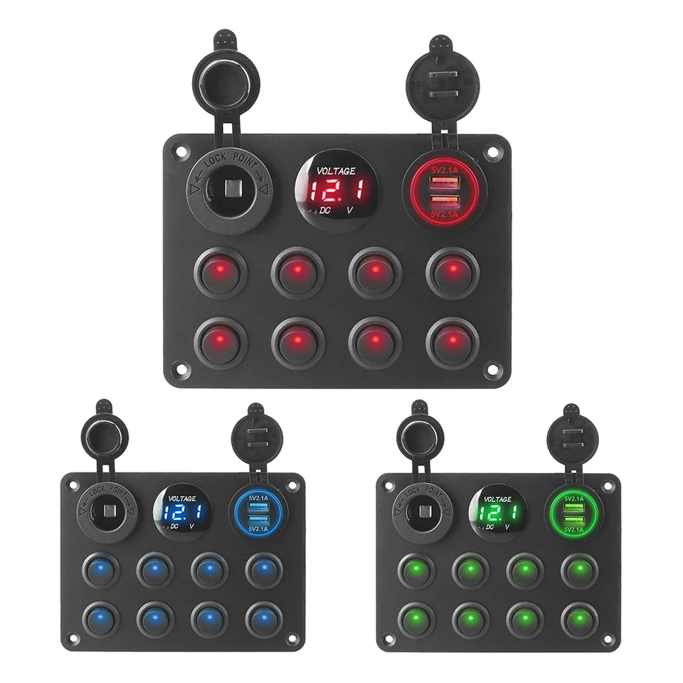 Prepínač spínaču Panel Cigaret Zapaľovač Dual USB 12-24V 8 Gang pre auto RV Truck ATV UTV Camper Caravan