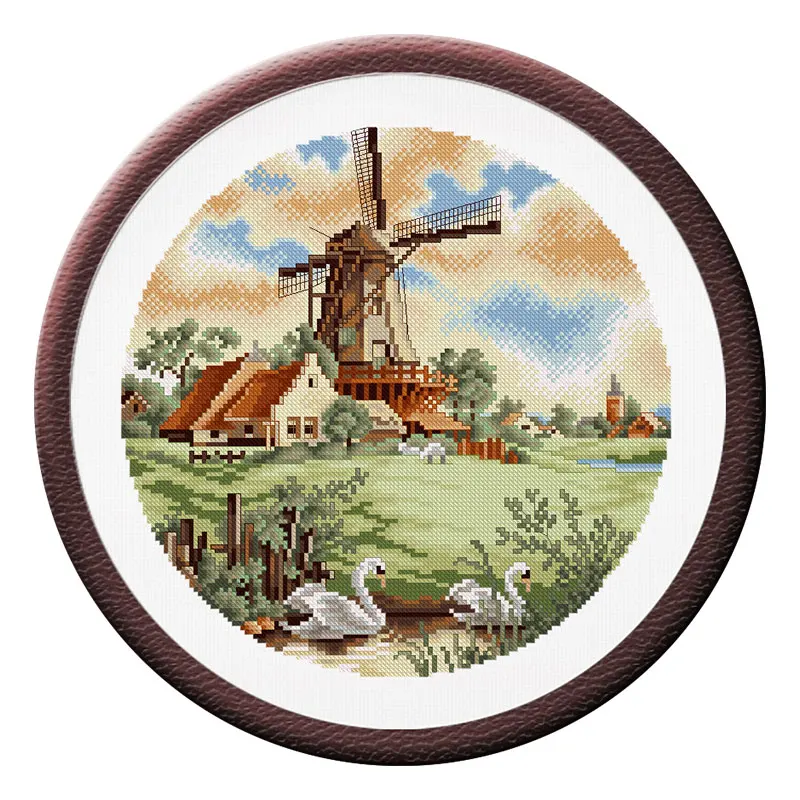 Presná tlač C1555 Pastoračná scenéria Manor Windmill Fishxx Cross Stitch Sit