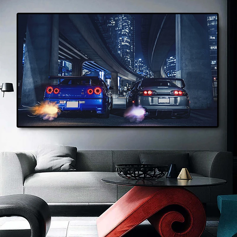 Preteky športového automobilu GTR R34 vs supra vozidlo nástenné umenie plátno maľba výtlačky plagátov pre obývaciu izbu Office Domov Ozdob