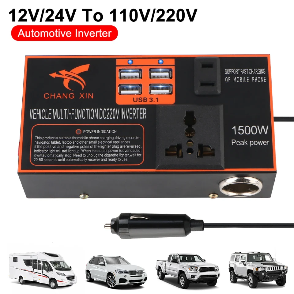 Prevodník napájacieho adaptéra 8 portov USB nabíjačky invertora invertora cigariet Cigare Cigaret Zapaľovač dc 12v/24v až AC 110V/220V