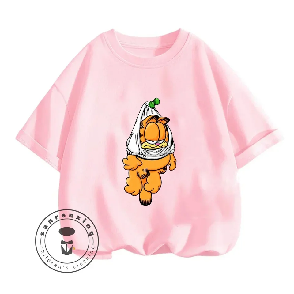 Pridajte kúzlo do letnej Garfieldovej témy animovaná kreslená postava Print Design O-Neck Friendly Children Tričko s krátkym rukávom