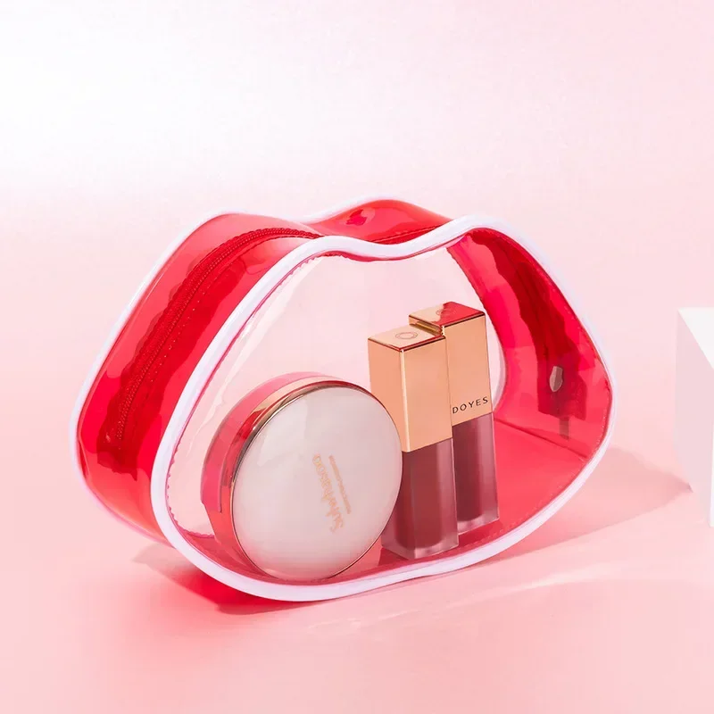 Priehľadné dámske kozmetické tašky Nepremokavé PVC roztomilé červené pery tvar rúžový vrecko cestovné make -up skladovacie organizátor Príslušenstvo