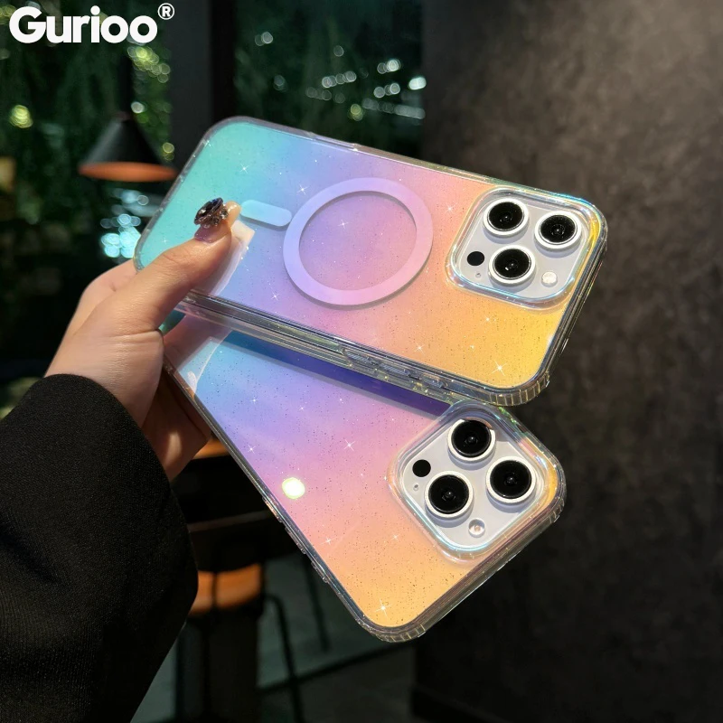 Priehľadné gradientné trblietky Bling Magnetické bezdrôtové nabíjanie pre puzdro pre iPhone 11 12 13 14 15 16 plus pro max.