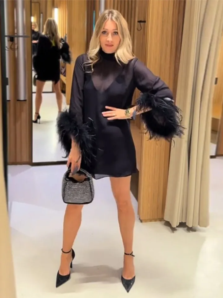Priehľadné šaty Ženy Elegantné sexy patchwork perie šál krk Mini rúcho ženské módne večierok večer Vertikálne šaty Lady
