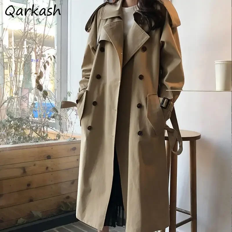 Priekopa Dámske solídne Ovrchné štýlové kórejské retro streetwear Autumn Ins Double Breast Ulzzang Chic All-Match Ladies Fit odev