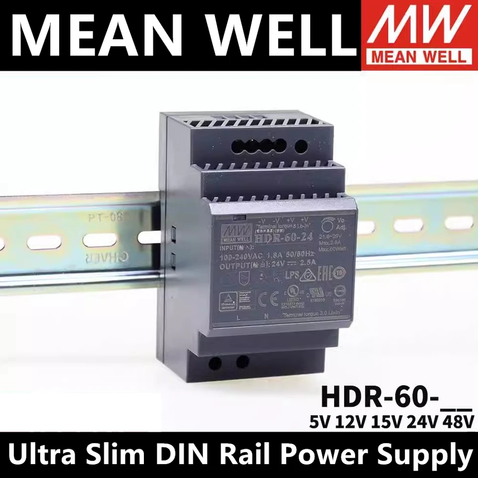 Priemerná studňa HDR-60 60W 85-264VAC na DC 5V 12V 15V 24V 48V Meanwell Ultra Slim DIN Rail napájací zdroj HDR-60-24 HDR-60-12 HDR-60-15