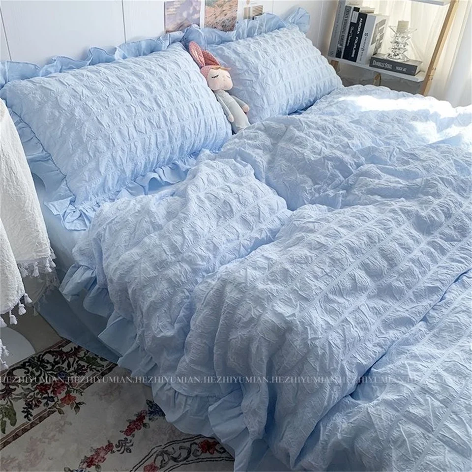 Prikrývka INS Girl Blue Solid Color SEERSUCKER RUFFLES LACE BEDDING Sada kawaii Soft Sheet Woman Žena prikrývky na vankúš