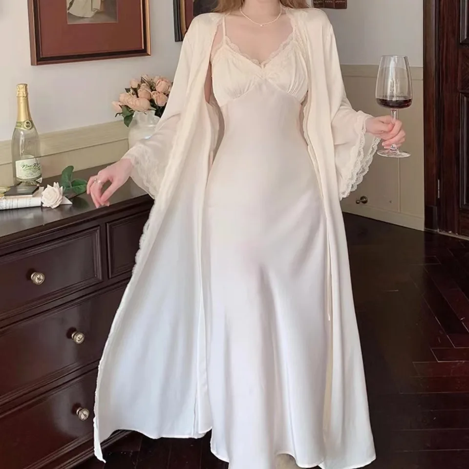 Princess Style Rúch set 2pcs Vestidos de Novia Nightgown Sexy Lace Patchwork nočná nočná dreska chemika sleewear dlhé domáce šaty
