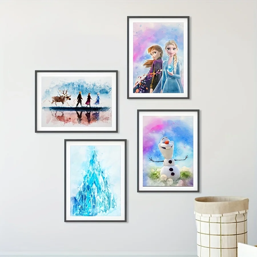 Princezná Anna a Elsa Art Print Frozen Watercolor Poster Olaf Snowman Canvas Painting Ice Castle Wall Picture Decor Decor Decor