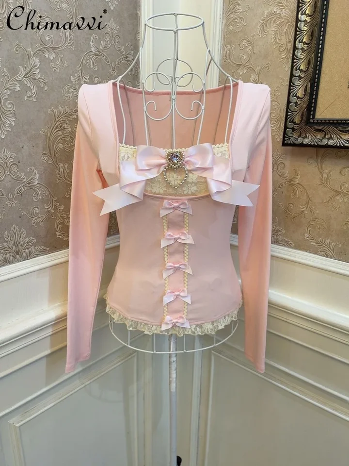 Princezná Bowknot Pearl Heart Diamond Lace Lace Tričko Jeseň Nová dámska módna fit fit pullover Base Slimming Short Tops Tops