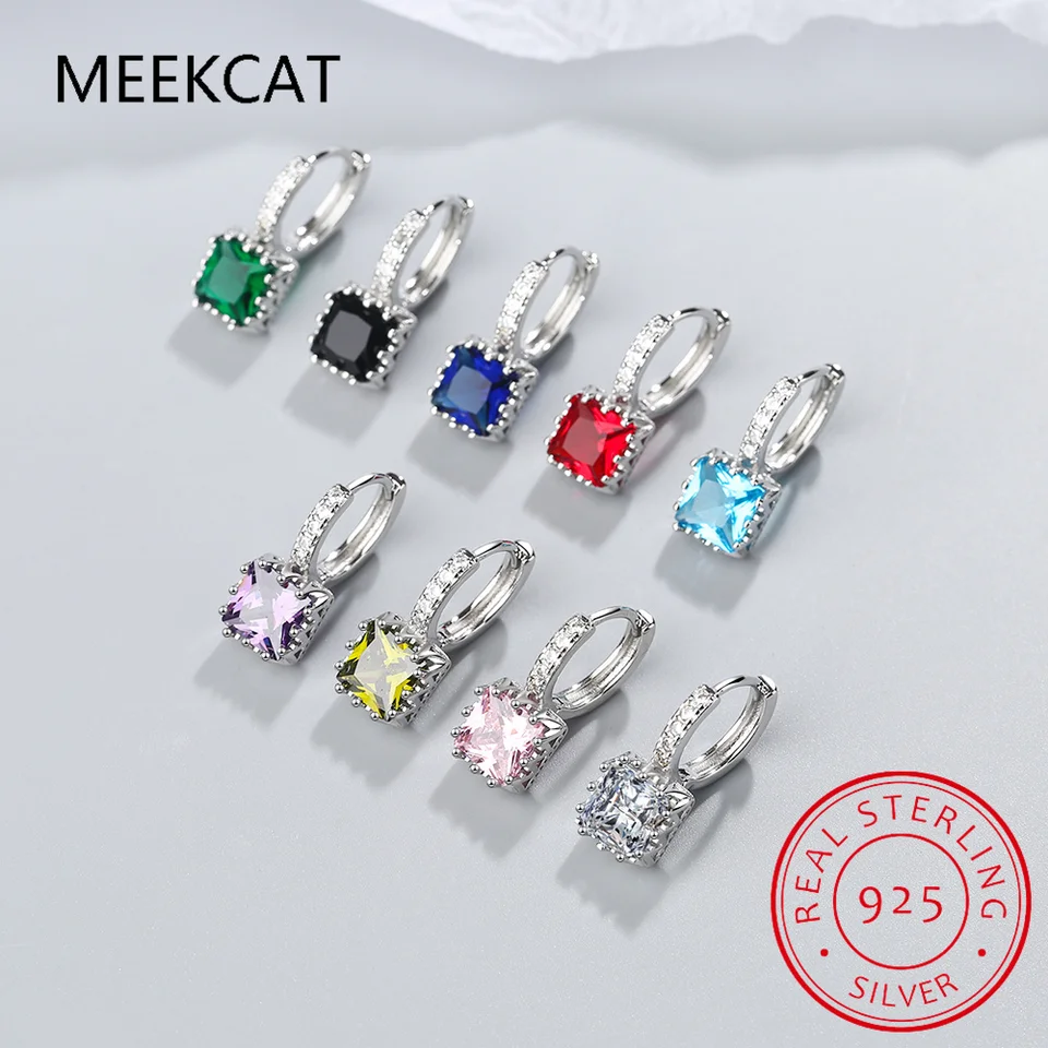 Princezná Cut Blue Topaz Amethyst Garnet vytvoril zafír Ruby Emerald 925 Sterling Silver Square Farebný drahokamový obruč náušnice