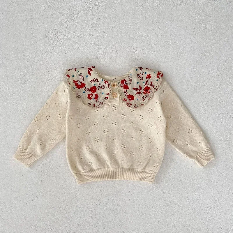 Princezná dievčatká sveter 0-3 roky novorodenecký kvet s dlhým rukávom kvet Peter Pan Collar Pleted Pullover Jumper Outwear Jesenné oblečenie