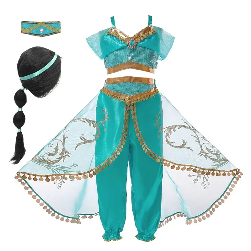 Princezná Jasmine šaty pre dievčatá Halloween Cosplay Party Fantasy kostýmy Top Pants 2ks Set Kids Lace Lace Casy Bez bez rukávov K šaty K