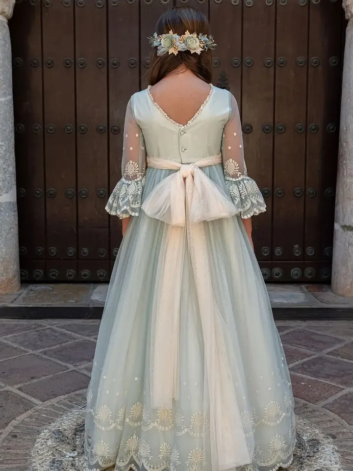 Princezná modrá kvetina šaty čipky kvetinové páske pás Bridemini Rufle Edge Zložky na svadbu First Communion Ball Gowns