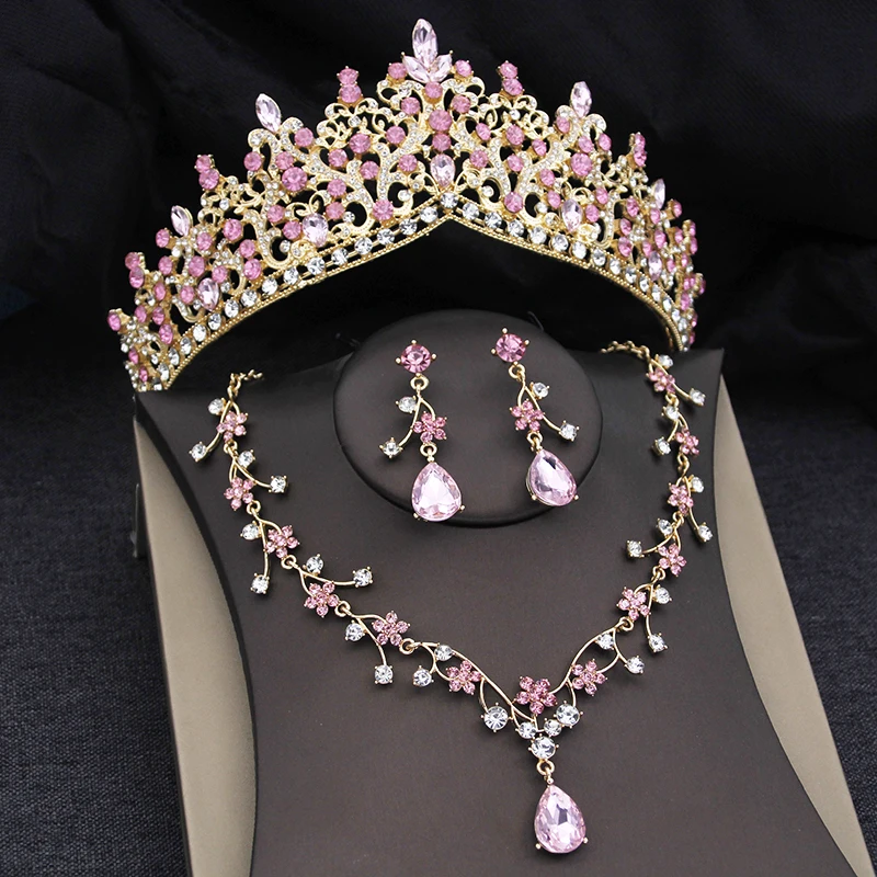 Princezná Pink Tiaras and Crowns 3-batohové svadobné korunky a náušnice náhrdelníkov pre párty narodeninové kostýmy šperky svadba