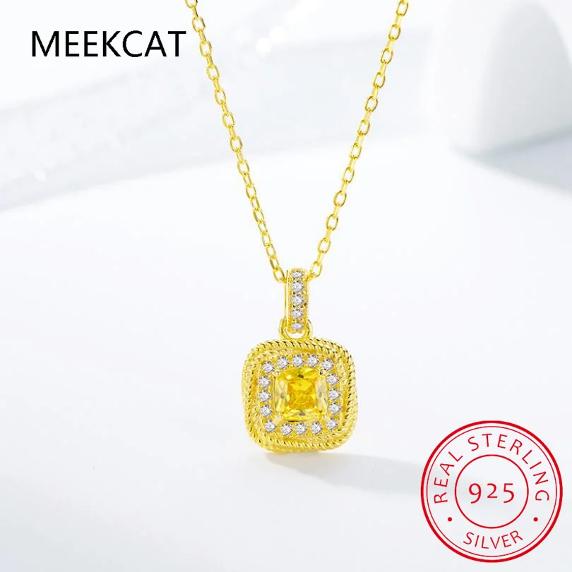 Princezná rezaná štvorcová žltá originálna prírodná citrín 925 Sterling Silver prívesok Náhrdelník Gemstone jemné šperky pre ženy darček