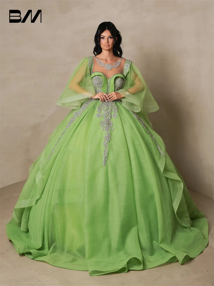 Princezná Tulle Sweet 15 16 Šaty, korálkové čipkové rukávy quinceanera šaty, zlatíčko prispôsobené dlhé formálne večierky