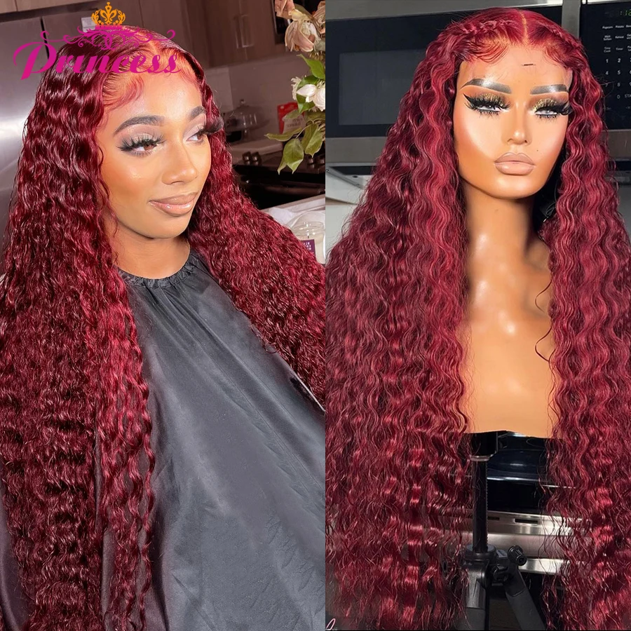 Princezné vlasy 99J Lace predné ľudské vlasy parochňa 13x4/13x6 HD priehľadná burgundská hlboká vlna čipka čelná parochňa pre čierne ženy