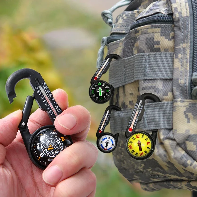 Pripojte kompas na turistické batohové doplnky vonkajšie kempingy horolezectvo Mini Compass Carabiner Keychain Termometer