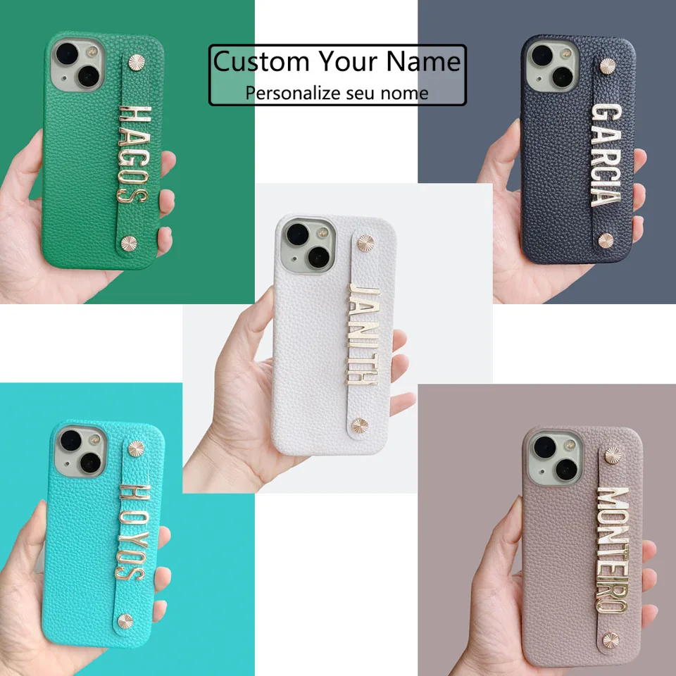 Prispôsobenie popruhu vlastné kovové meno kožené mobilné puzdro pre iPhone 15 14Pro 13Pro max Mini xr x 8plus kryt