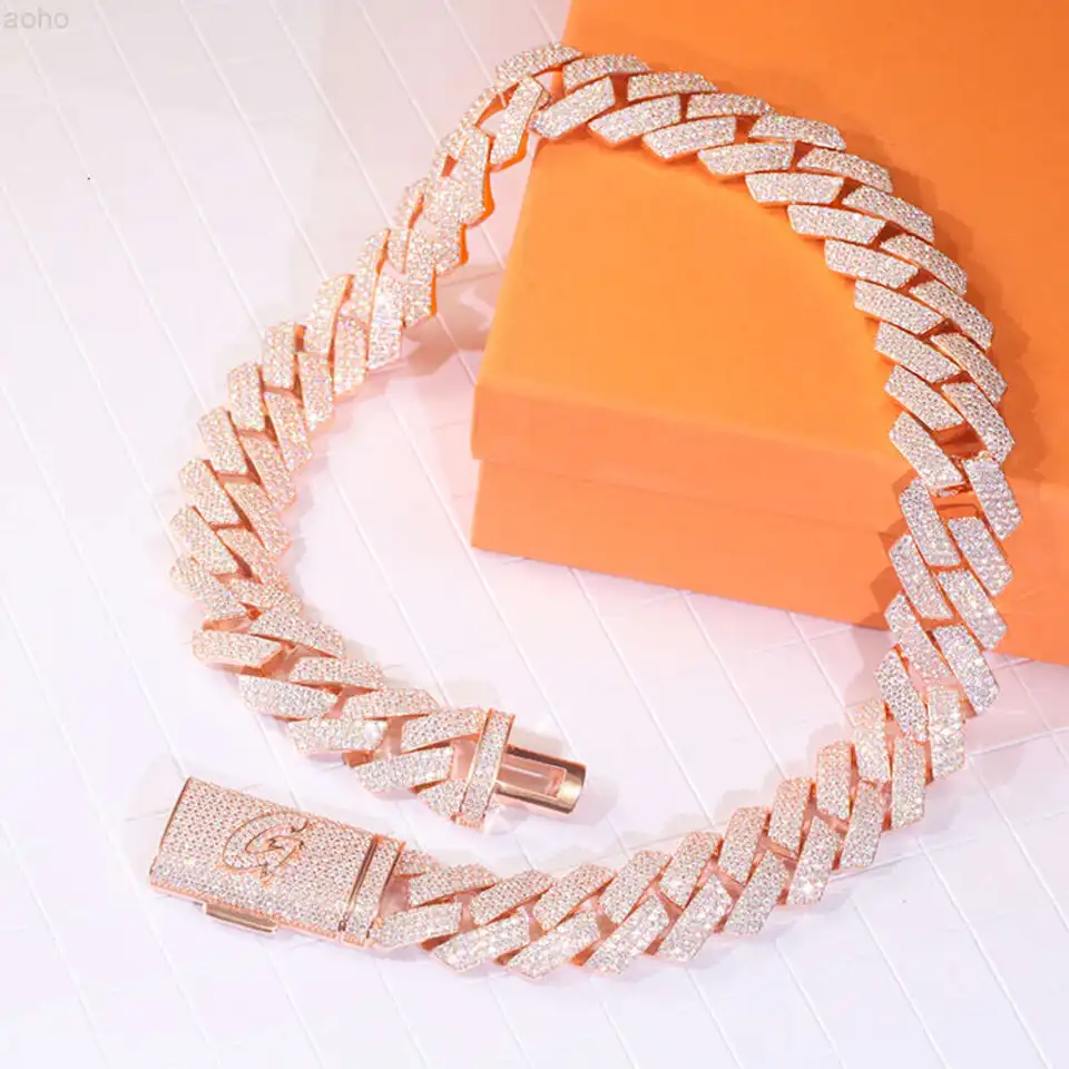 Prispôsobenie predaja Miami Style Chain Pink Color 25,5 mm široké strieborné 3 riadky VVS Moissanit Kubánsky reťazec pre hiphop